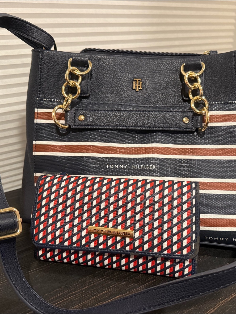 Tommy Hilfiger Navy Striped Tote Bag with Matching Wallet